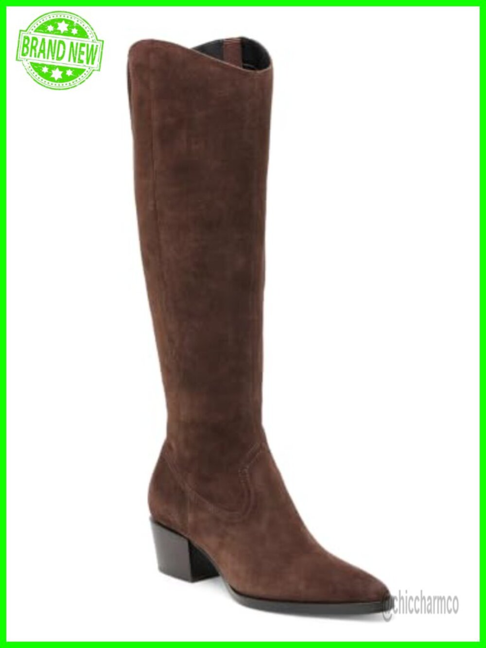 Women's Wide Calf Knee High Boots Faux Suede Pointed Toe Chunky Heel Zip